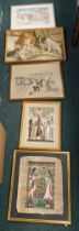 Various pictures, prints, tapestry depicting child and dog, needlework pictures, papyrus prints, etc