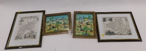 Two Middle Eastern pictures depicting figures on horseback hunting, 17cm x 22cm, together with after