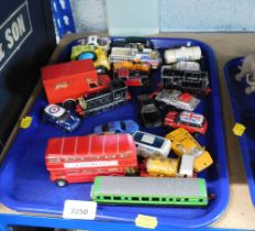 Diecast playworn vehicles, trains, cars, taxis, etc. (1 tray)