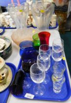 Glassware, comprising two vases, pink rose bowl, drinking glasses, etc. (1 tray and 3 items)