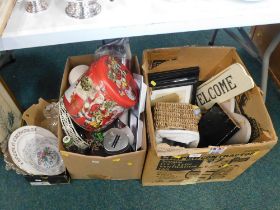 Household wares, comprising pictures, empty Glenfiddich storage canister, wicker baskets, china, gla