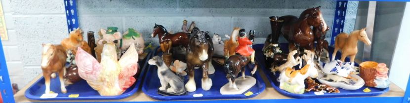 A group of animal figures, comprising horses, shire horses, huntsman, tan horse, etc. (3 trays)