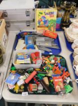 Various toys, to include a talking bird, marbles, plastic figures, playing cards, diecast car, railw