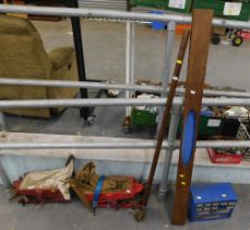 Two Aero Broadcast red painted seed sowers, together with snooker cue case, Bygone lawn edger and pa