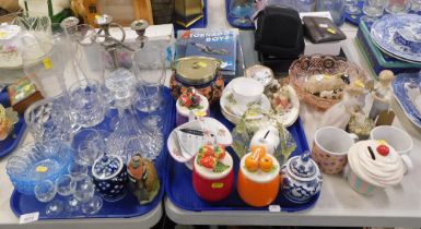 Various glassware, to include moulded glass decanter, drinking glasses, pottery biscuit barrel with