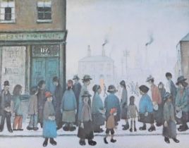 After L.S. Lowry. Waiting for the shop to open, 26cm x 32cm.