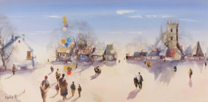 Jorge Aquilar-Agon (1936-2020). Village Square, oil on canvas, signed and titled verso, 39cm x 79.5c