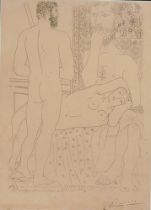 After Pablo Picasso (1881-1973). Reclining nude and two standing male figures, monochrome print, fac