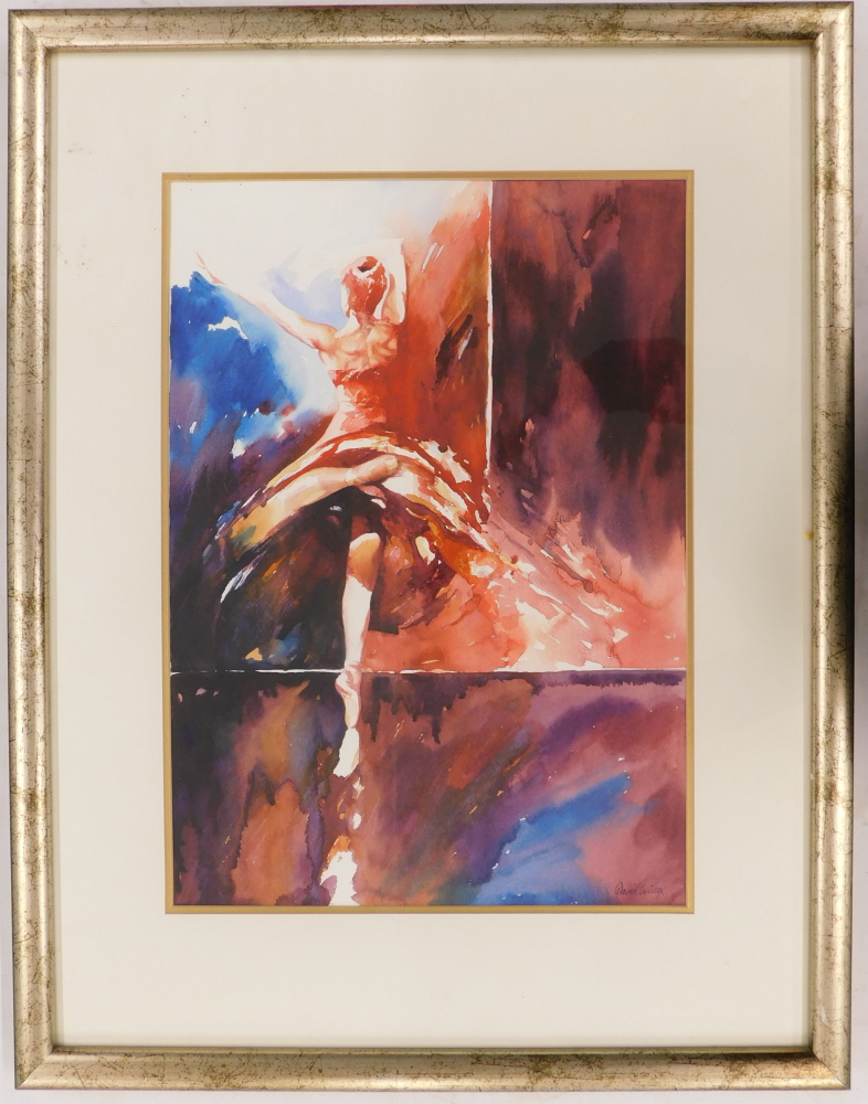 David Wilcox (b.1950). Pirouette in rest, watercolour, signed and titled verso, 56cm x 40cm. - Image 2 of 5