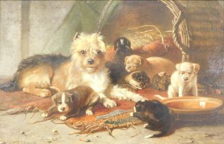 B.W.G. (19thC School). Terrier? with puppies, oil on panel, signed, 23cm x 37cm.