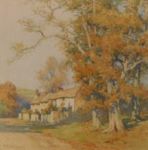 Mary J. Hagarty (Act.1882-1938). Country road with cottages, watercolour, signed, 39.5cm x 39cm. Lab