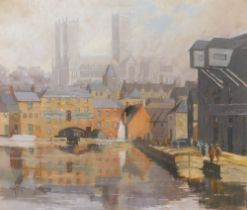 A.A. Clayton. Lincoln Cathedral from The Brayford, pastel, signed, 44.5cm x 52cm. Label verso AC Gal