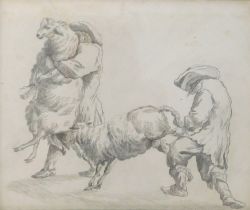 Carl Duncker (1808-1868). Pencil sketch after Johan Heinrich Roos, country scene, 23cm x 19cm, frame