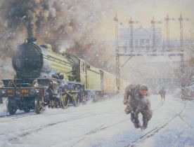 After Philip D. Hawkins. Winter station yard, framed and mounted coloured print, 22cm x 29cm.