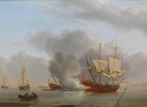 Peter Monamy (1685-1749). Man of War entering Portsmouth harbour, oil on board, attributed and title