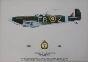 After Stuart Black. The Observer Corps Spitfire 1925-1985, coloured print, 20cm x 29.5cm.