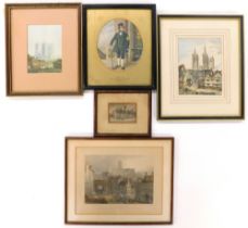 Five framed and mounted prints. The Old Dolphin Inn Lincoln, Fireman 1832, View of the City of Linco