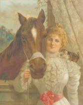 19thC. Maiden with horse, coloured print, 54cm x 41cm.