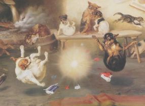 After William Henry Hamilton Trood (1748-1899). Dog explosion, coloured print, 30cm x 40cm.