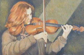 Richard Ison (20thC). The Violinist, watercolour and coloured pencil, signed, dated (19)88, titled v