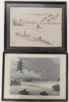 Oriental School. Fishing figures, drawing, indistinctly signed, 31cm x 41cm and another (2).