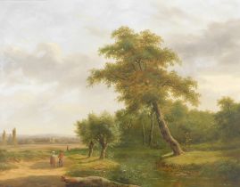 Jean-Baptiste Coene (1805-c1850) Figure on river landscape, oil on panel, 45.5cm x 58cm.