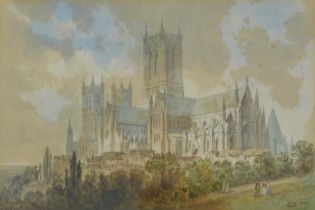 E.D. (19thC). Lincoln Cathedral, watercolour, iitialled and dated 1891, 16cm x 24cm. Stamped verso J