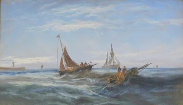 19thC School. Fishing boats off the coast, oil, signed lower left, unreadable, 29cm x 49cm.