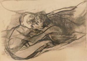 After Kathie Kollwitz (1867-1945). Study of two figures, monochrome print, 37cm x 51cm.