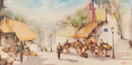 Jorge Aquilar-Agon (1936-2020). Village Market, oil on canvas, signed, 39cm x 79.5cm.