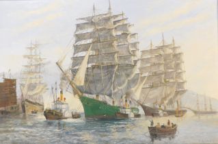 Philip Kilner (20thC). Masted ships and paddle steamer, oil on canvas, signed, 49cm x 74cm.