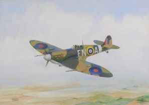 Kenneth Cooper (20thC). Spitfire, watercolour, signed, 26cm x 36.5cm, Label verso The Jack O'Lantern