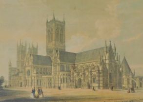 After J.K. Colling. South East view of Lincoln Cathedral, coloured print - James Drury Publisher Lin