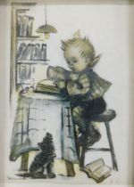 After Hummel. Young reader, framed and mounted coloured print, 15cm x 9cm.