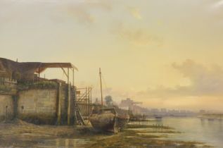 20thC. Harbour at low tide, oil on canvas, signed, 59cm x 89cm.