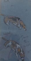 20thC School. Study of hounds, crayon on blue paper, 26.5cm x 13cm.