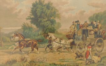 Late 19thC/early 20thC. Coloured coaching print, Leeds, York, 25cm x 40cm.