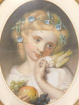 19thC School. Young girl with fruits and bird, pastel, 43cm x 32cm. Label verso Russell High of Nott