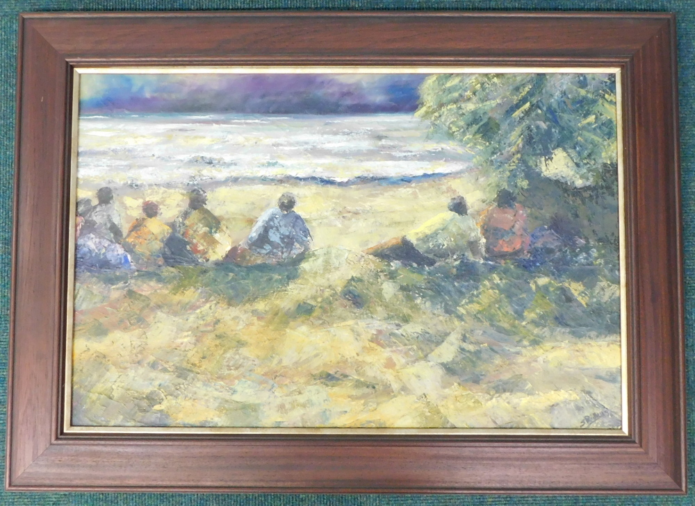 Sheena Ridley (20thC). Figures on the seashore, oil on canvas, signed and dated (19)98, 56.5cm x 86. - Image 2 of 4