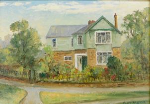 Clive Richard Brown (1901-1991). House and garden, oil on board, signed and titled verso, 24.5cm x 3