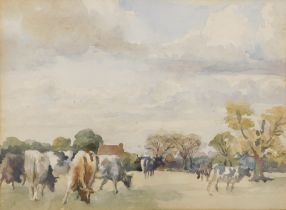 19thC/20thC British School. Grazing cattle, watercolour, 24cm x 32cm.