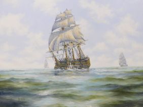 Ken Hammond (b.1948). Masted ships at sea, oil on canvas, signed, 74cm x 100cm.