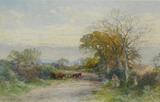 James Stephen Gresley (1829-1908). Country track with figures and cattle, watercolour, signed and da