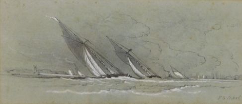 Thomas Gray Hart (179701881). Masted ships, watercolour drawing, signed, 10cm x 23cm.