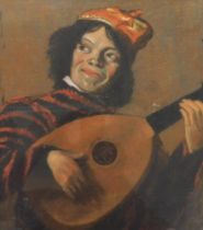 19thC/20thC. Jester playing the mandolin, pastel, 35cm x 30.5cm.