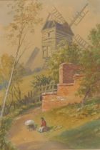 19thC School. Figure and cart before windmill, watercolour, 31cm x 22cm.