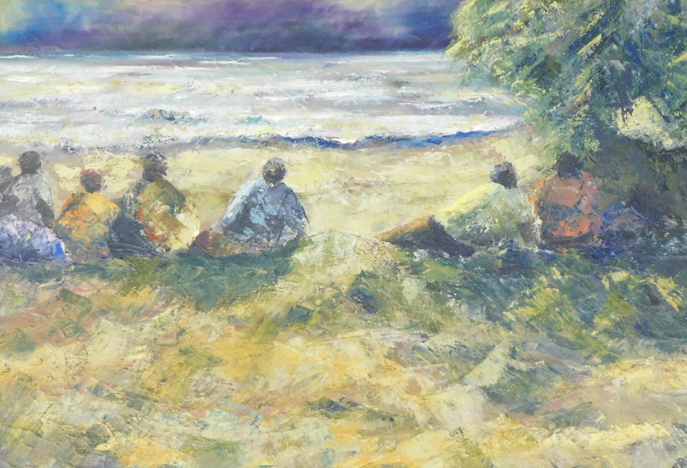 Sheena Ridley (20thC). Figures on the seashore, oil on canvas, signed and dated (19)98, 56.5cm x 86.