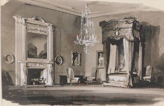 Rowland Hilder (1904-1993). Clandon House interior, ink and gouache, signed and titled verso, 29cm x