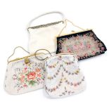 Four mid-century lady's beaded evening bags, including a French bag with a marcasite set foliate cla