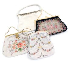 Four mid-century lady's beaded evening bags, including a French bag with a marcasite set foliate cla